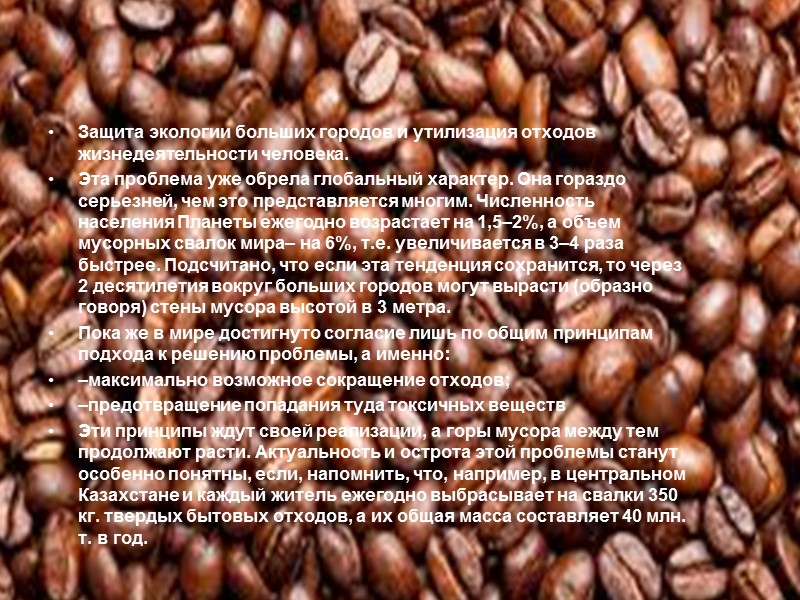 Защита экологии больших городов и утилизация отходов жизнедеятельности человека. Эта проблема уже обрела глобальный